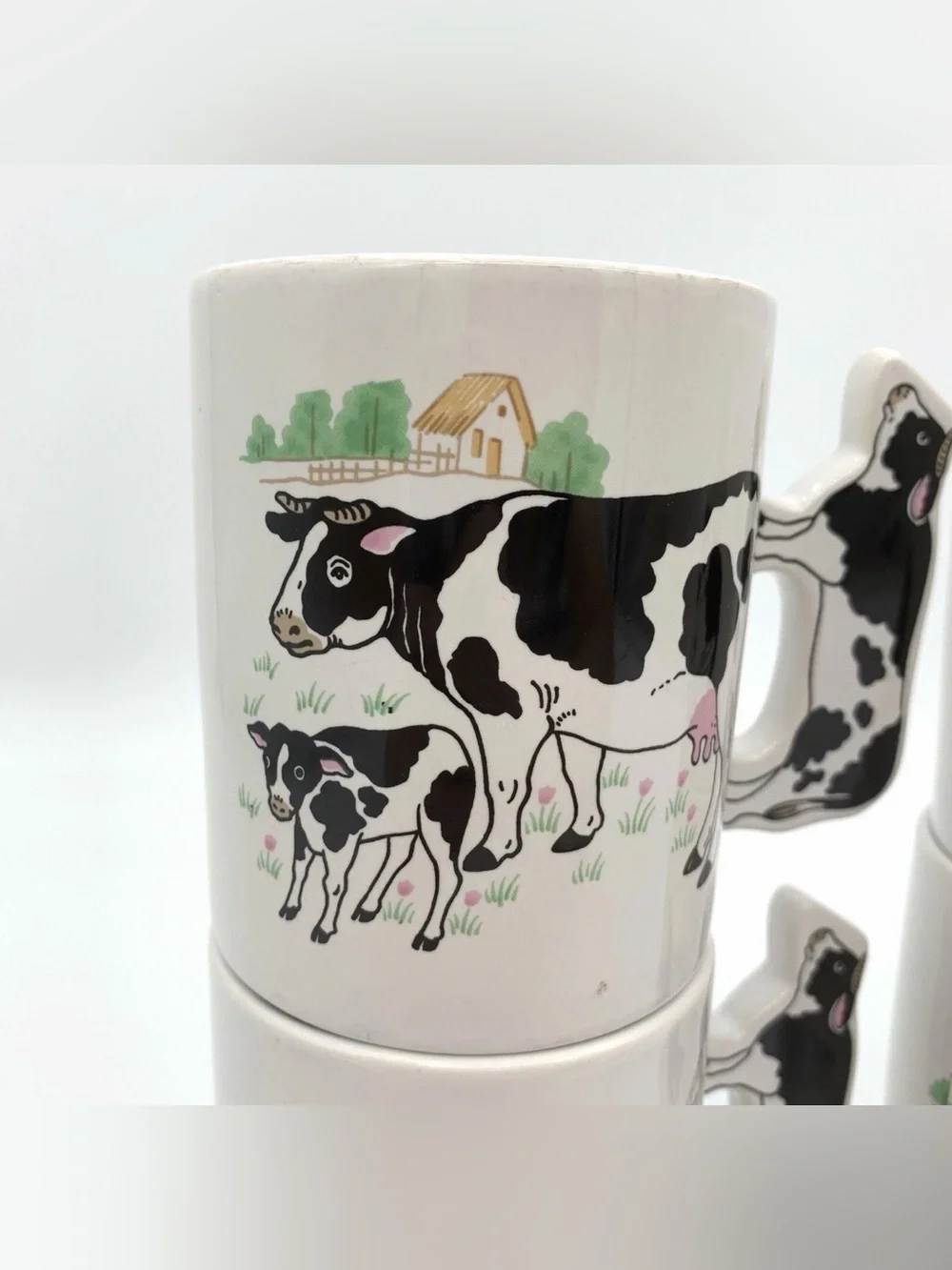 Vintage Enesco Cow Coffee Mug Cow-Shaped Handle FOUR {4} PIECE SET USED.